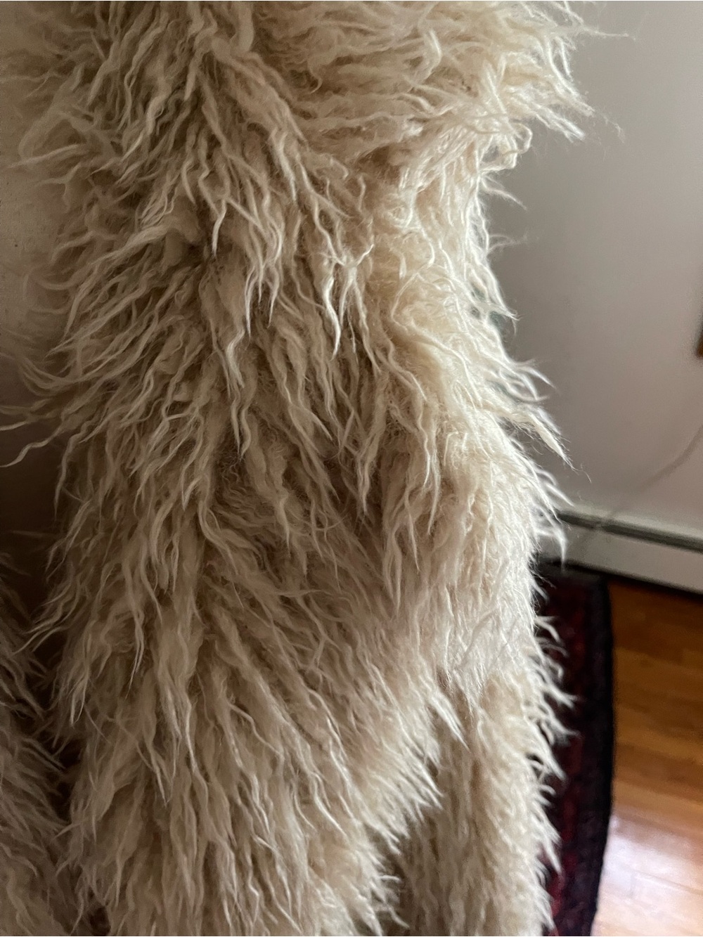 Beige Faux Fur Long Coat - Women's Shaggy Jacket - Picture 2 of 4